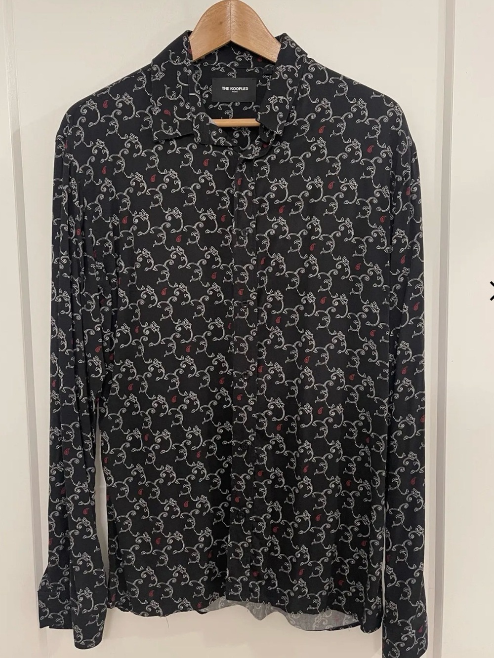 The Kooples Black Button-Down Shirt with White and Red Scroll Motif